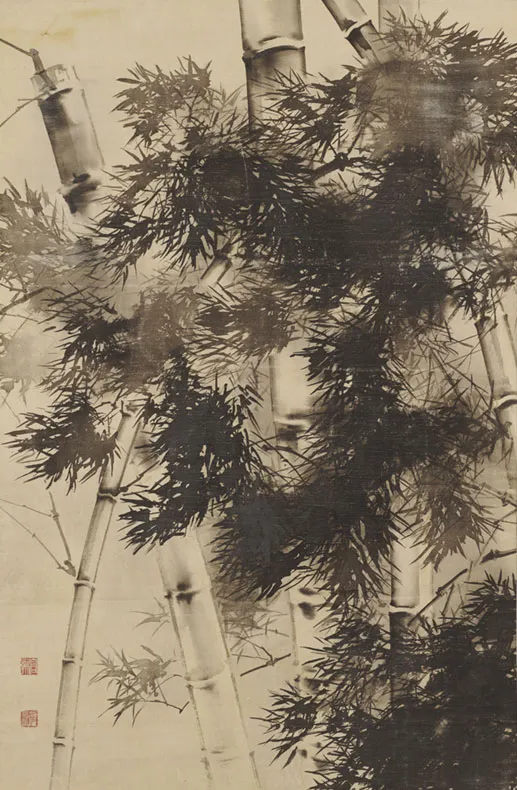 「白綴地墨画孟宗竹藪林図」
